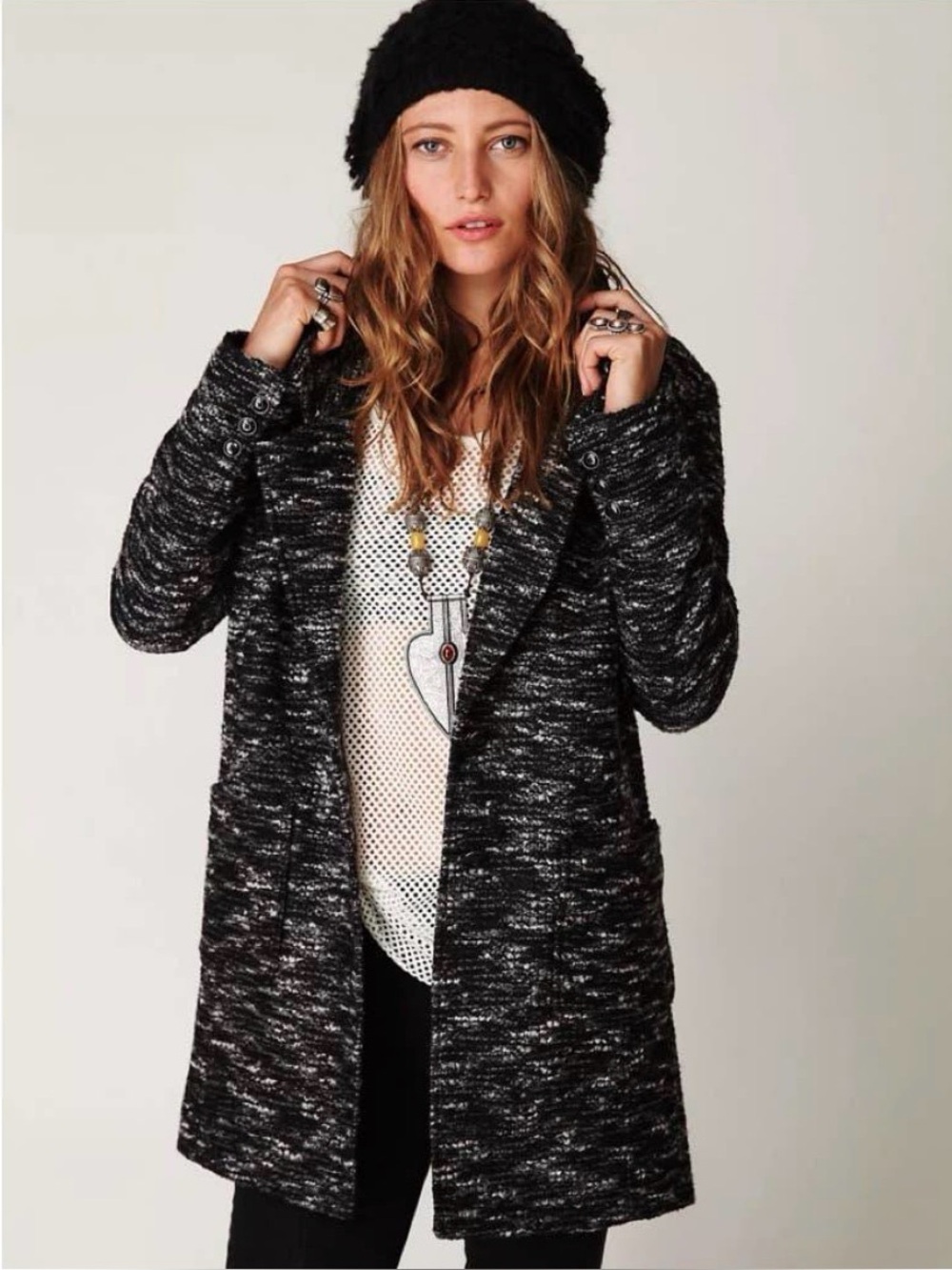 Free People Boucle Coat Black Gray Tweed Lined Oversized Winter Womens Small